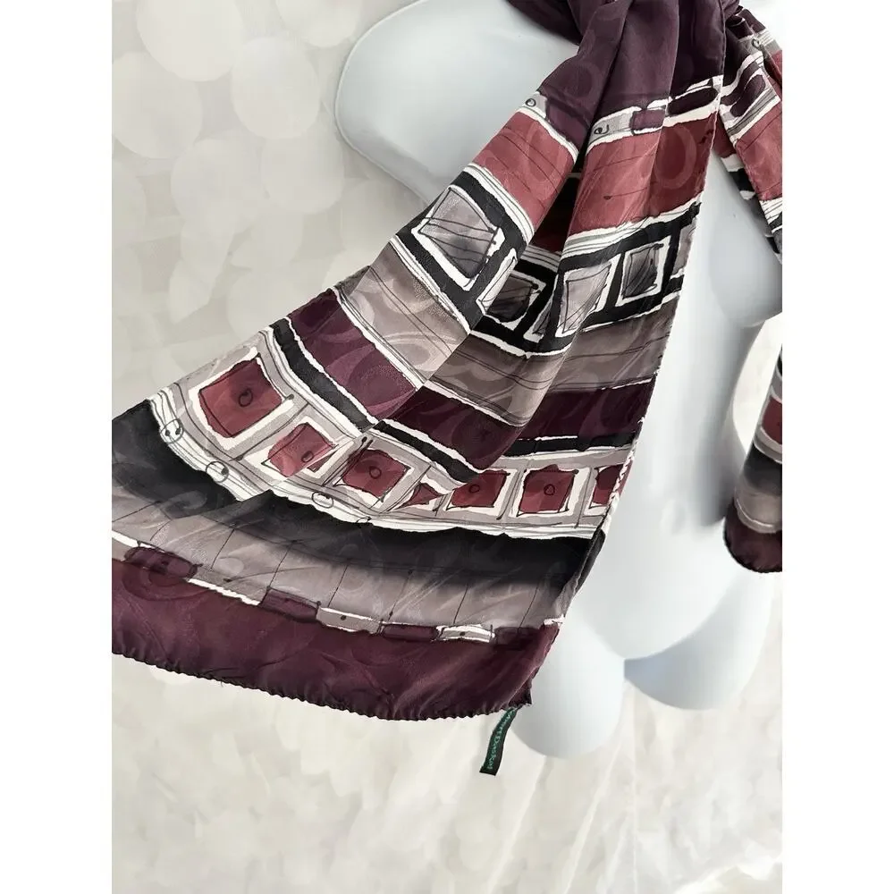 100% SILK Hand Painted Scarf VTG 90's Plum Abstract Robert Daskal Art To Wear